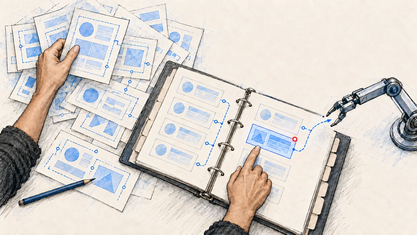 Hands organize scattered guidance into a linked ledger while a retrieval arm waits at a human review point.