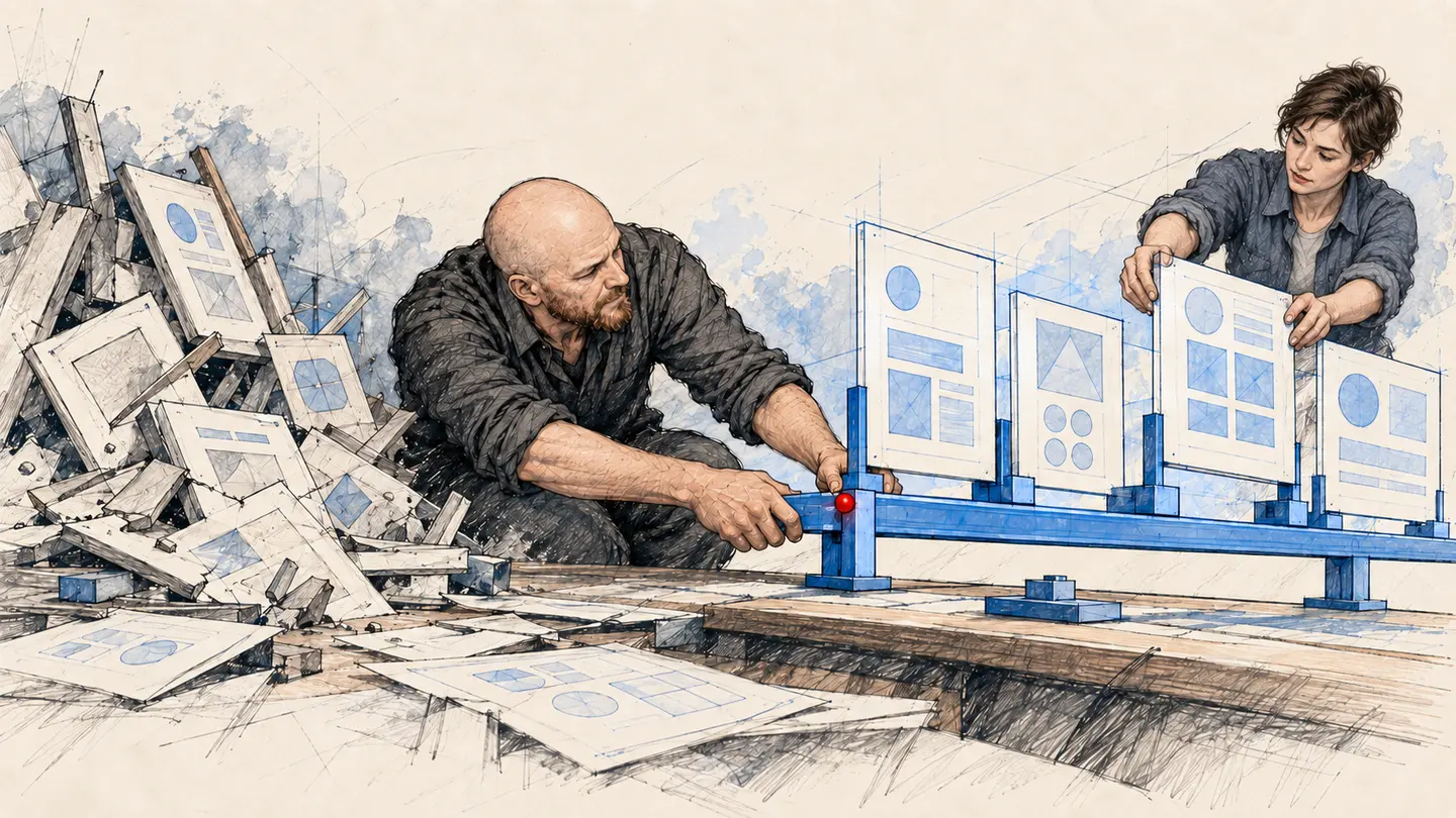 A design leader secures a shared blue rail beneath component frames while a colleague places a frame on the stable structure.