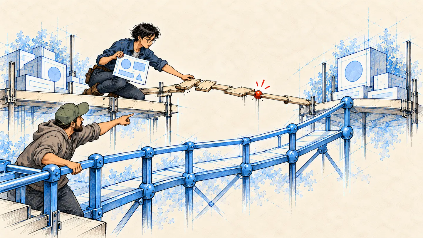 A developer builds a fragile shortcut from a screenshot while a colleague points to a sturdy shared blue route.